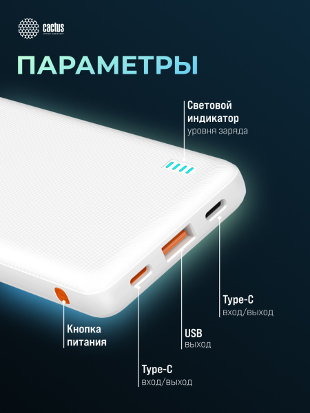 Мобильный аккумулятор Cactus (10000mAh, 4.5A, USB-A/2xUSB-C, белый) (арт. CS-PBFSBA-10000)