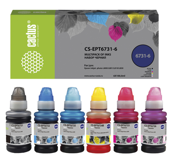 Чернила Cactus многоцветный набор (6x100 мл.) (арт. CS-EPT6731-6)