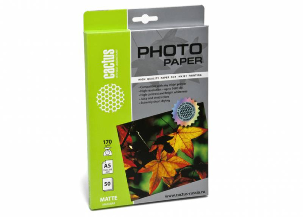 Фотобумага Cactus A5/170г/м2/50л./белый матовое для струйной печати (арт. CS-MA517050)
