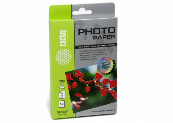 Фотобумага Cactus 10x15/200г/м2/50л./белый глянцевое для струйной печати (арт. CS-GA620050)