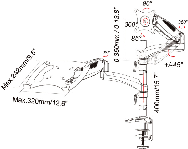 Кронштейн для монитора/ноутбука Cactus серебряный, 13"-27", макс. 8кг (арт. CS-VM-LH08-AL)