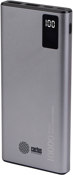 Мобильный аккумулятор Cactus 10000mAh, 3A, 2xUSB, серый (арт. CS-PBFSLT-10000)