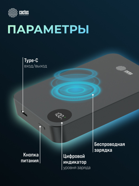 Мобильный аккумулятор Cactus (10000mAh, 22.5W, 4.5A, USB-C, беспроводная зарядка, серый) (арт. CS-PBFSTA-10000)