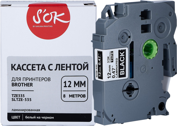 Кассета с лентой Sakura Printing TZE335 (белый, 12мм/8м) (арт. SLTZE335)