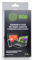 Салфетки Cactus CS-T1004 Сухая+влажная для планшетов, ноутбуков и моб. телефонов, 8+8 шт (арт. CS-T1004)