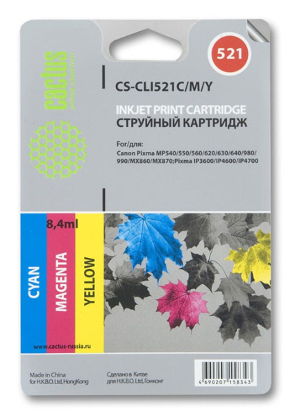 Картридж Cactus голубой/пурпурный/желтый набор (25.2мл) для Canon (арт. CS-CLI521C/M/Y)