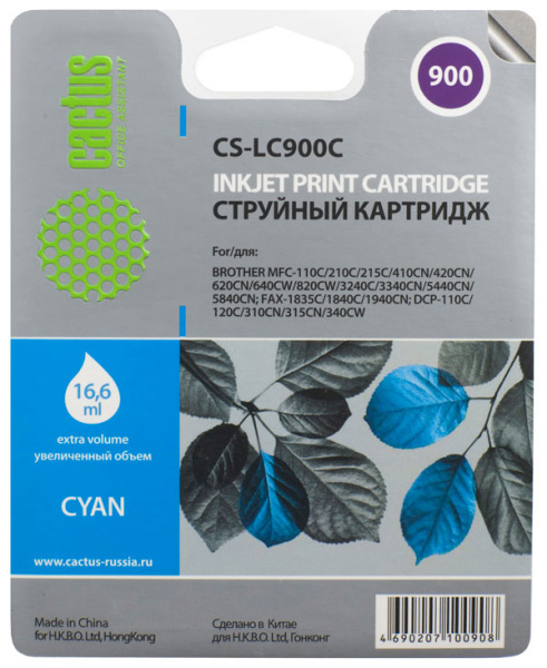 Картридж Cactus голубой (16.6мл) для Brother (арт. CS-LC900C)