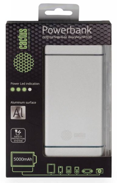 Мобильный аккумулятор Cactus CS-PBMS028-5000AL Li-Pol 5000mAh 2.1A серебристый 1xUSB (арт. CS-PBMS028-5000AL)